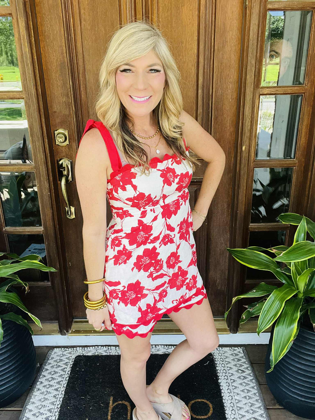 Ivory & Red Scallop Detail Romper