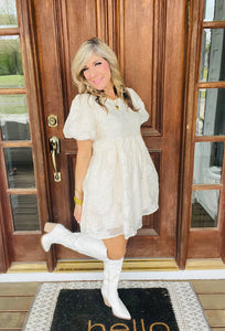 Cream Textured Floral Babydoll Mini Dress