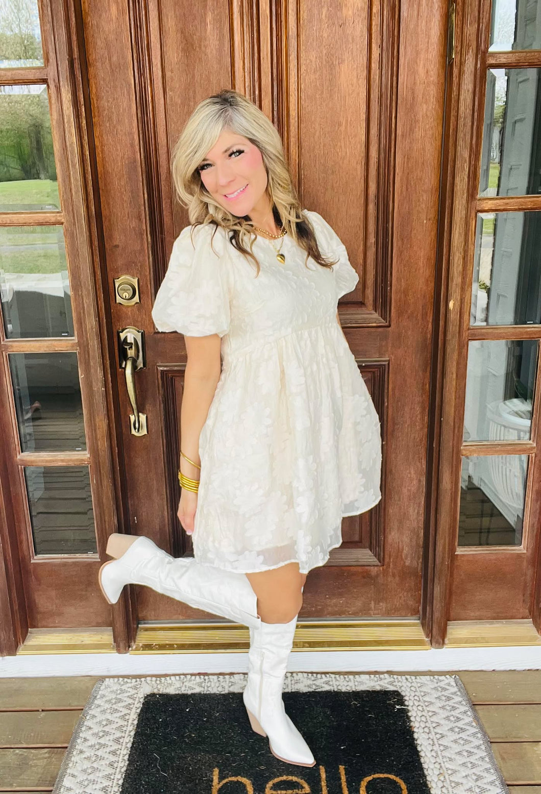 Cream Textured Floral Babydoll Mini Dress