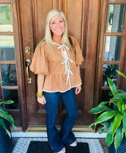 Load image into Gallery viewer, Camel Peplum Faux Suede Tie Blouse
