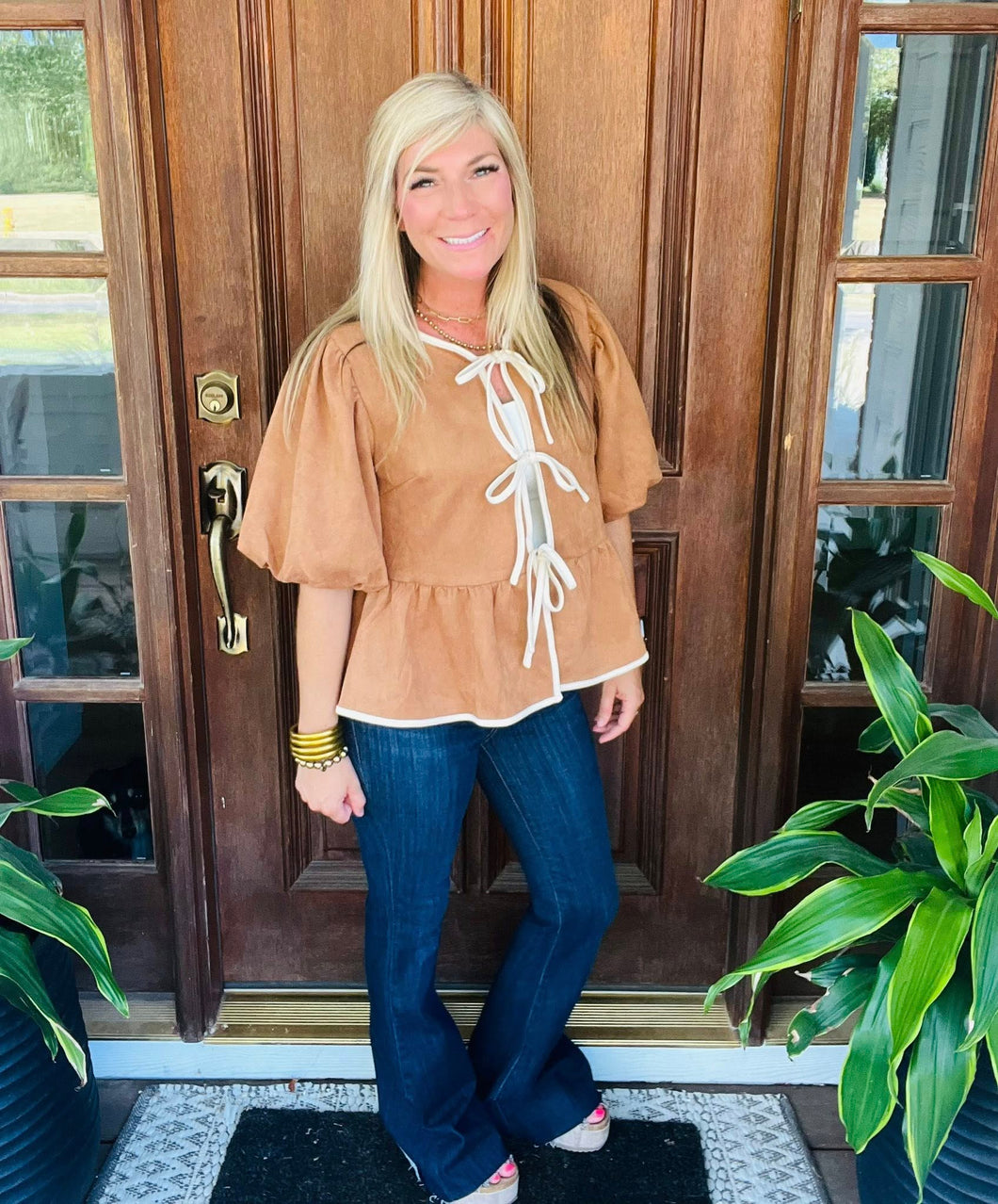 Camel Peplum Faux Suede Tie Blouse