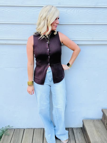 Chocolate Round Neck Button Down Sleeveless Knit Vest