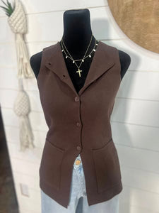 Chocolate Round Neck Button Down Sleeveless Knit Vest