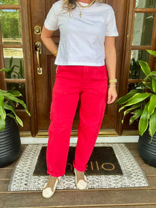 Risen Red High Rise Cuffed Barrel Jeans