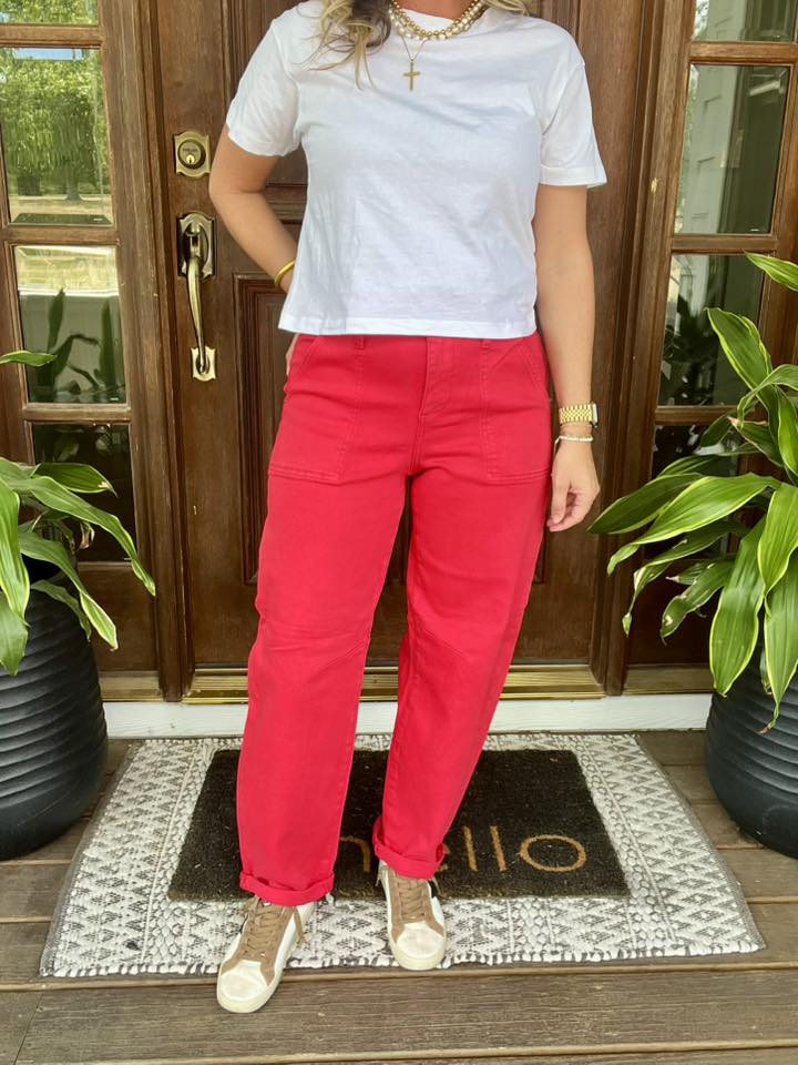 Risen Red High Rise Cuffed Barrel Jeans