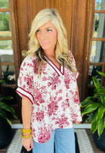Load image into Gallery viewer, Burgundy Floral Top with Striped Collar Blouse
