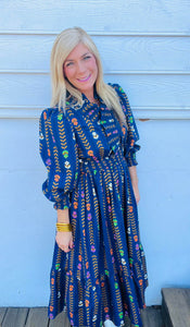 Navy Striped Floral Puff Sleeve Midi Dress