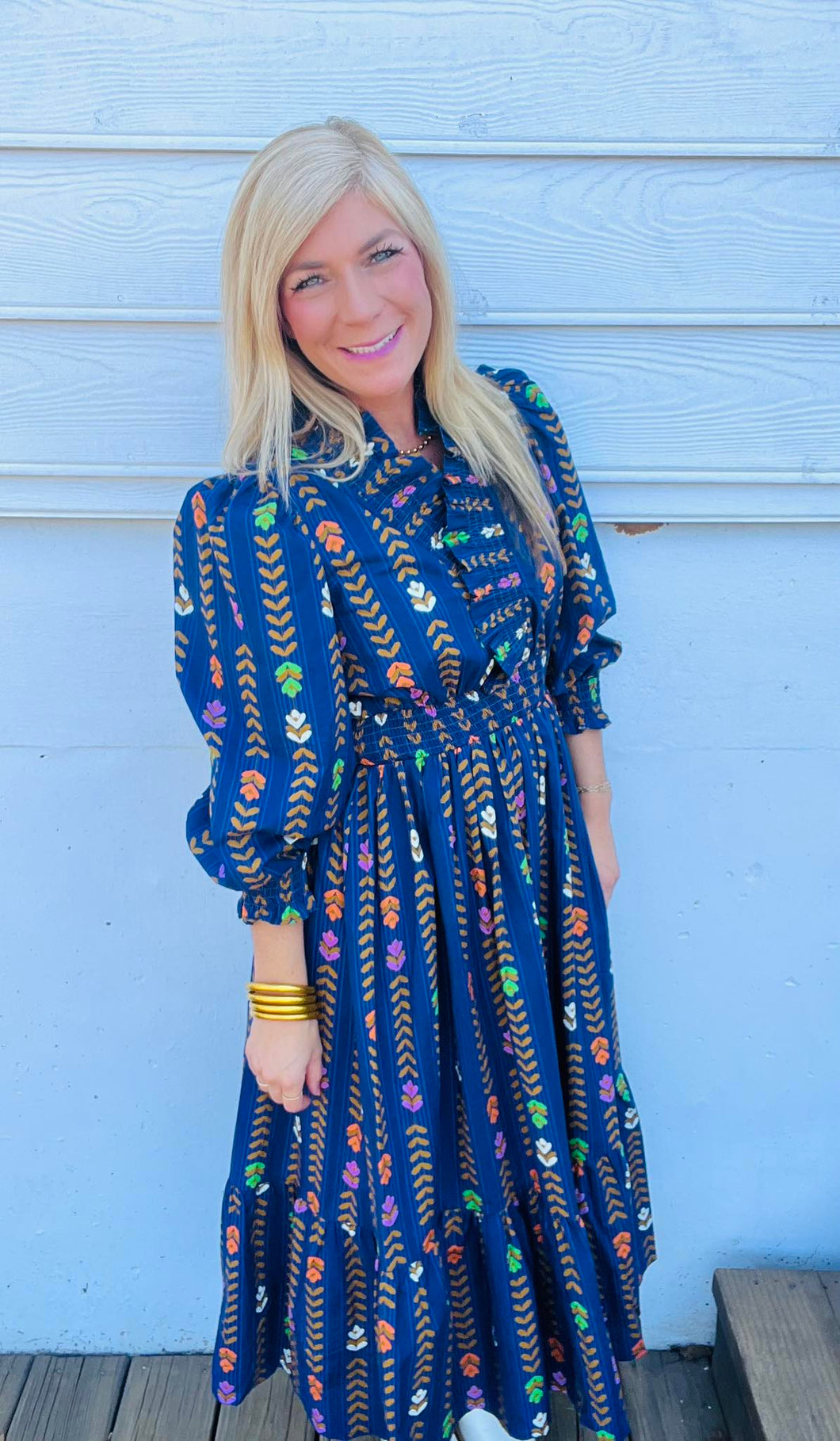 Navy Striped Floral Puff Sleeve Midi Dress