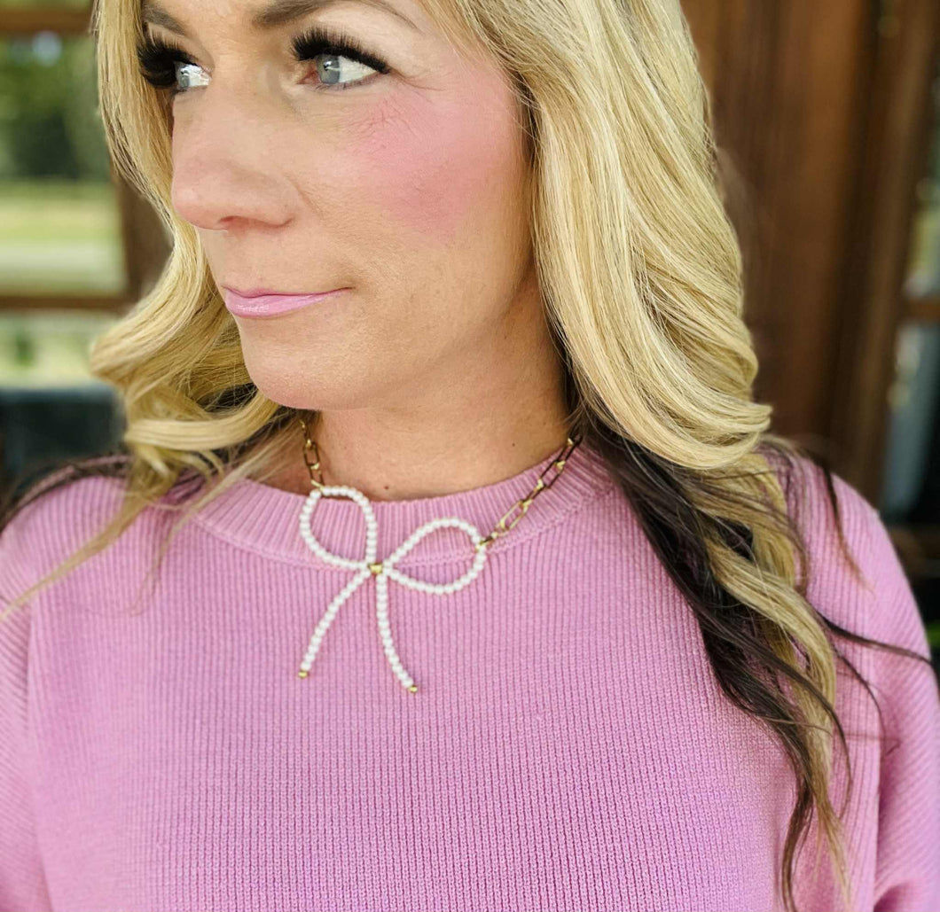 Pearl Bow + Gold Paperclip Chain Necklace