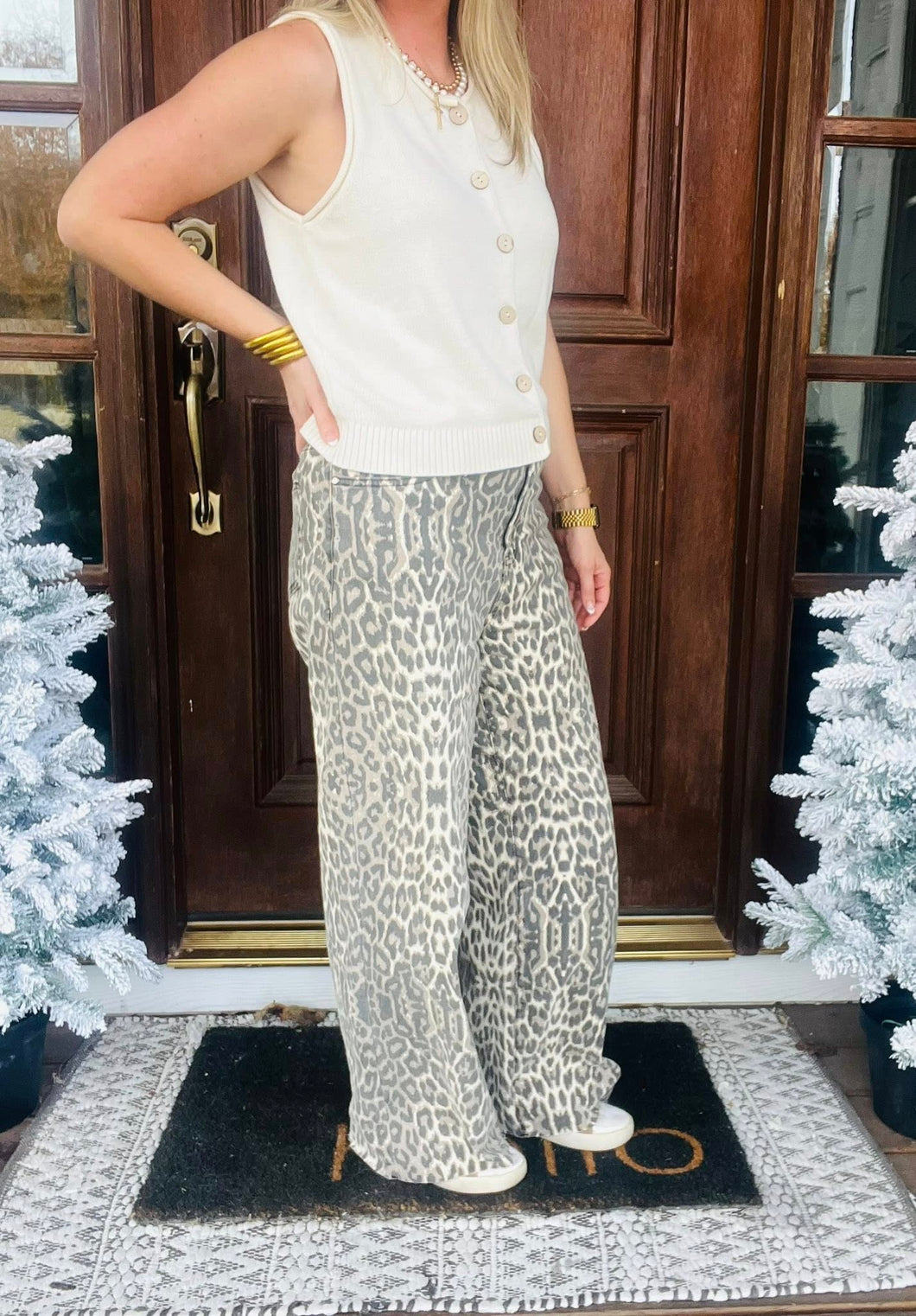 Easel Baggy Animal Print Raw Hem Jeans