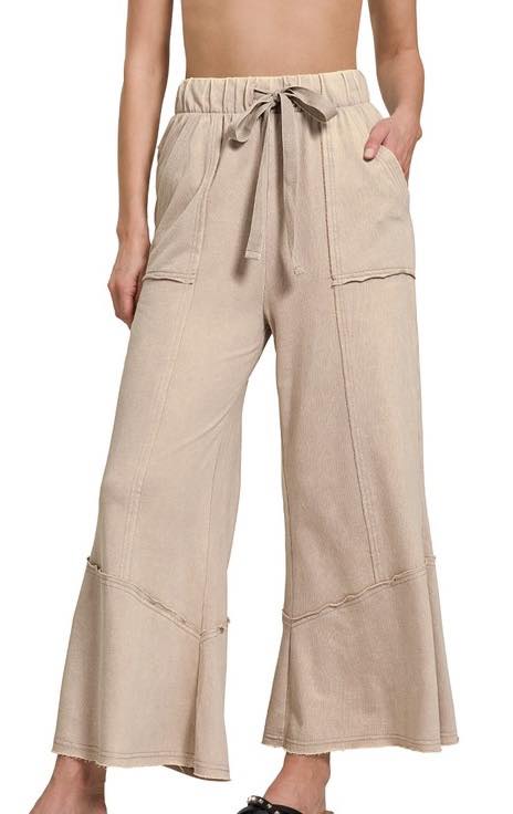 Taupe Zenana French Terry Wide Leg Flare Pants