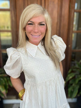 Load image into Gallery viewer, Beige Striped Collar Shirt Dress with Rhinestones
