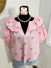 Load image into Gallery viewer, Pink Polka Dot Scalloped Blouse
