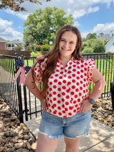 Load image into Gallery viewer, Red Polka Dot Collared Blouse with Ruffle Sleeves
