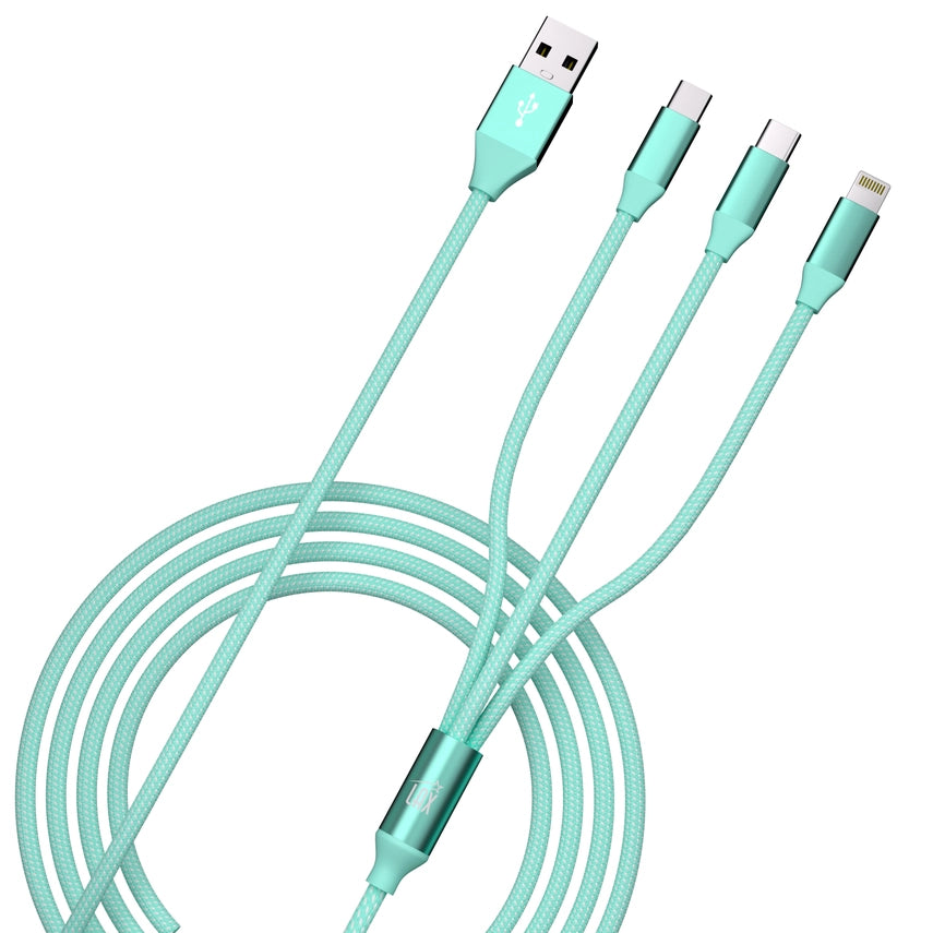 Mint Fast Charging 3-in-1 Cable Usb-A To Usb-C & Lightning 6ft