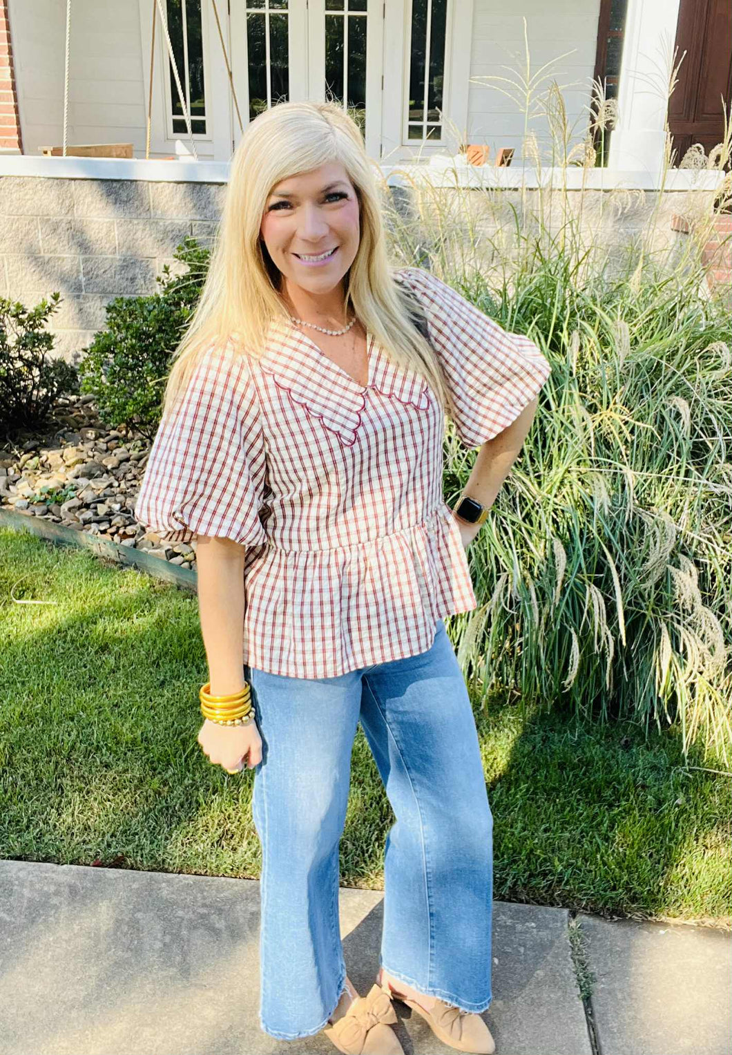 Plaid Puff Sleeve Peplum Blouse by Anniewear