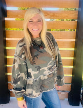 Load image into Gallery viewer, Camo Peplum Balloon Sleeve Top
