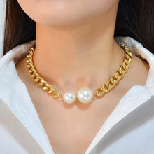 Load image into Gallery viewer, Pair of Pearls Gold Cuban Chain Link Necklace
