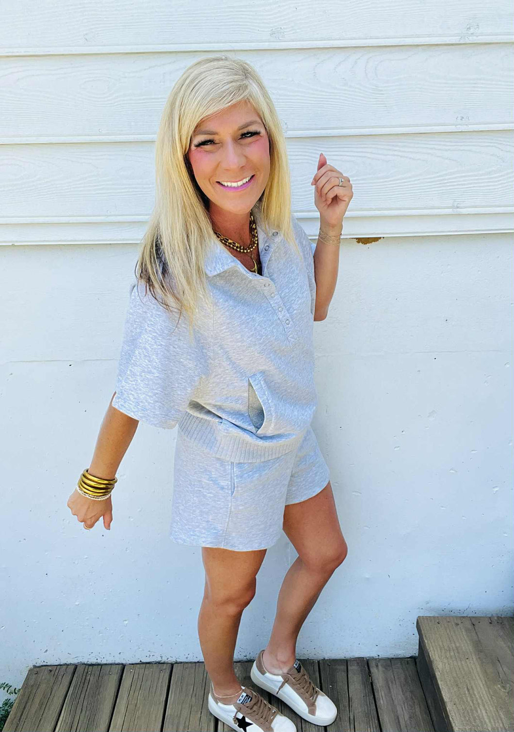Gray French Terry Collared Top/Shorts Set