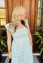 Load image into Gallery viewer, Sage &amp; Blue Floral Smocked Dress with Ruffle Sleeve
