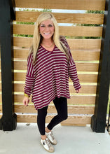 Load image into Gallery viewer, Burgundy Pin Stripe V-neck Oversized top
