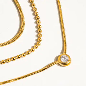 18K Gold Non-Tarnish Trilayer CZ Chain Necklace