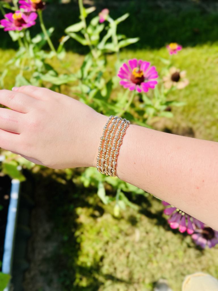 Set of 5 Gold 3mm Beaded Stretch Bracelet with Accent Bead