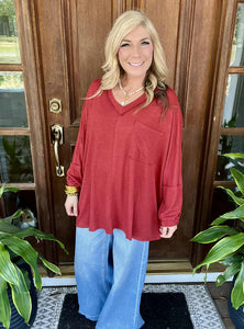 Crimson Oversized Long Sleeve Slub Top