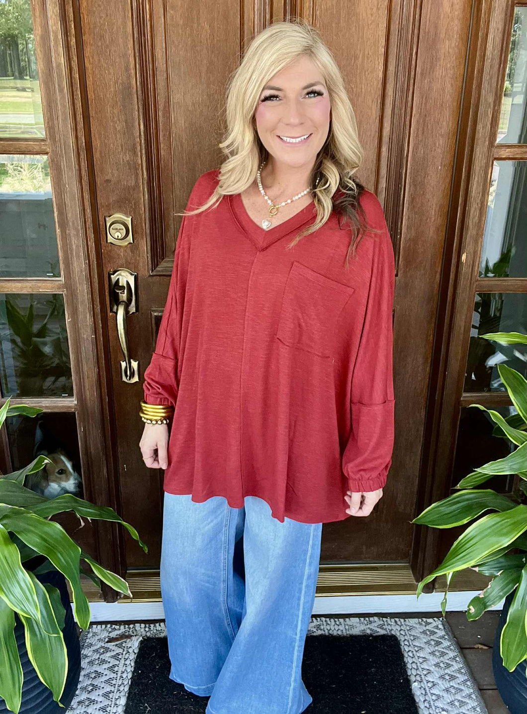 Crimson Oversized Long Sleeve Slub Top