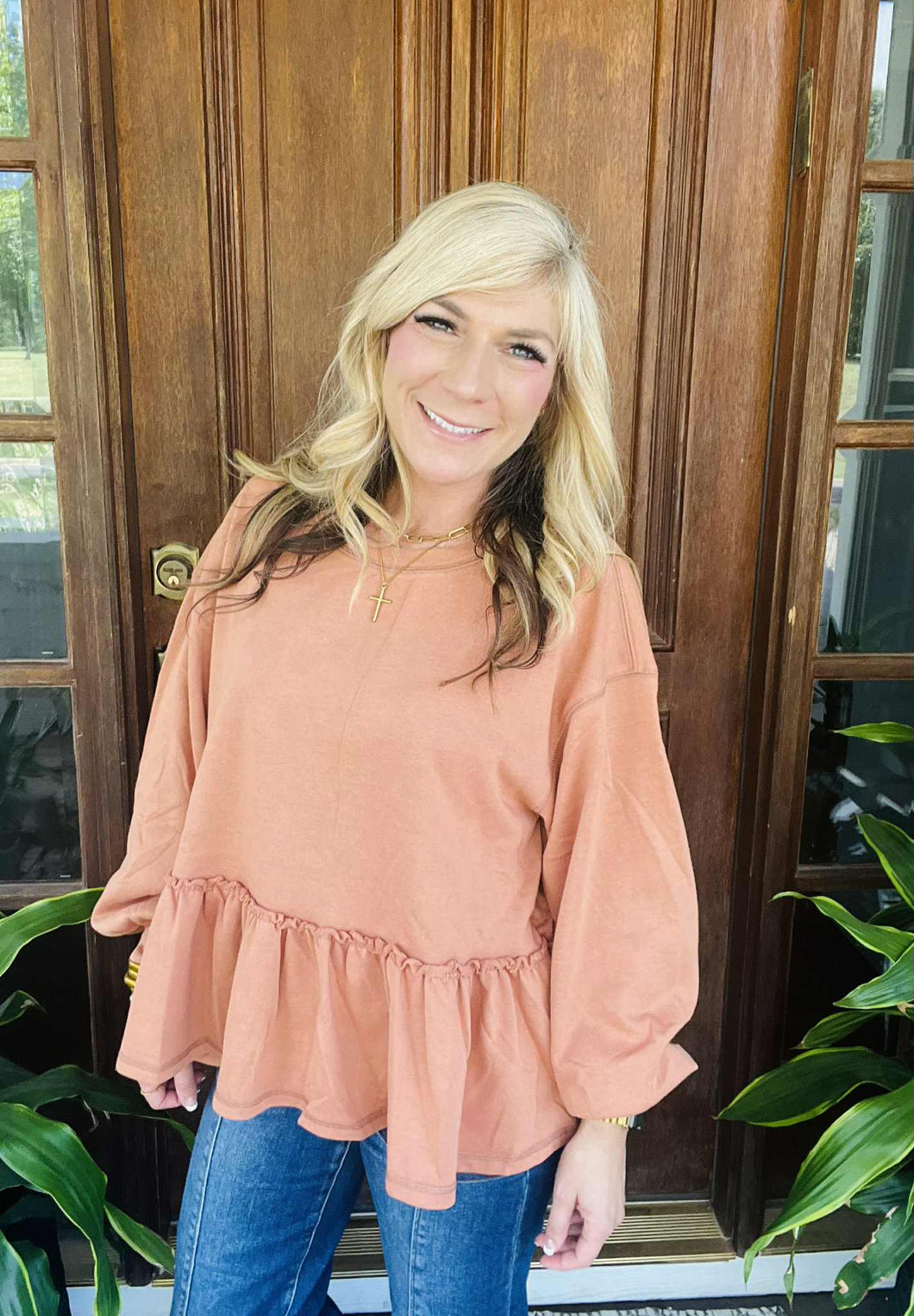Clay French Terry Ruffle Peplum Top