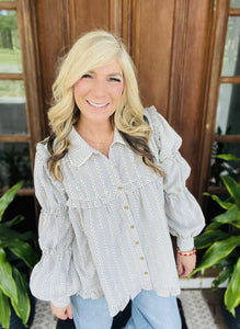 Navy & Floral Striped Button Down Collared Top with Lace Detail