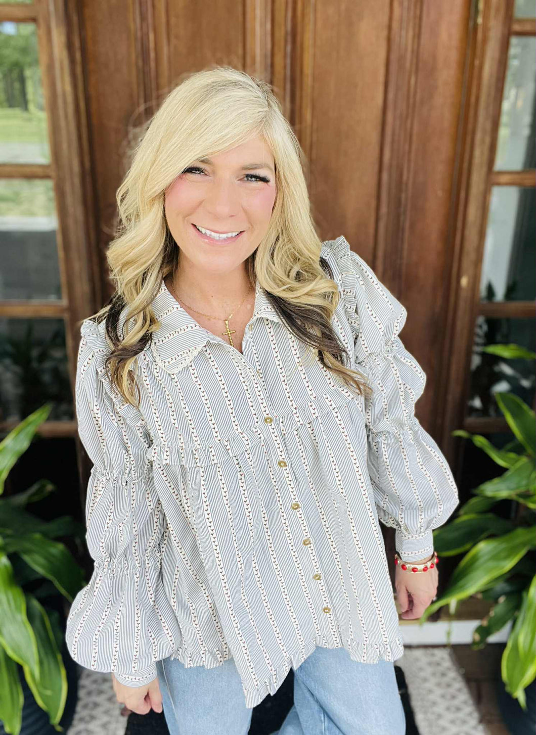Navy & Floral Striped Button Down Collared Top with Lace Detail