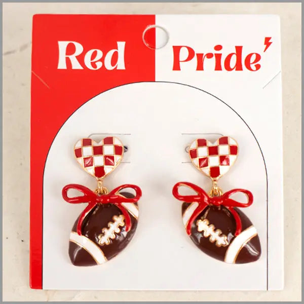 Red and White Color Coated Heart with Bow & Football Gameday Stud 1.5