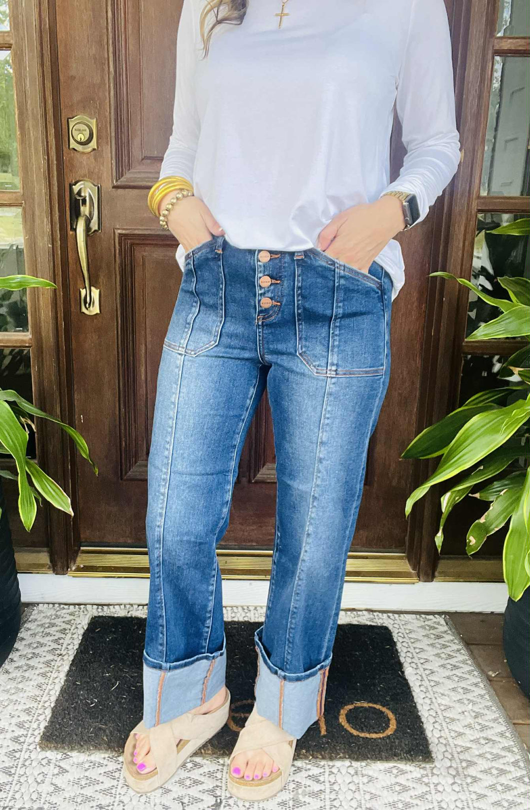 Risen High Rise Wide Straight Cuffed Jeans