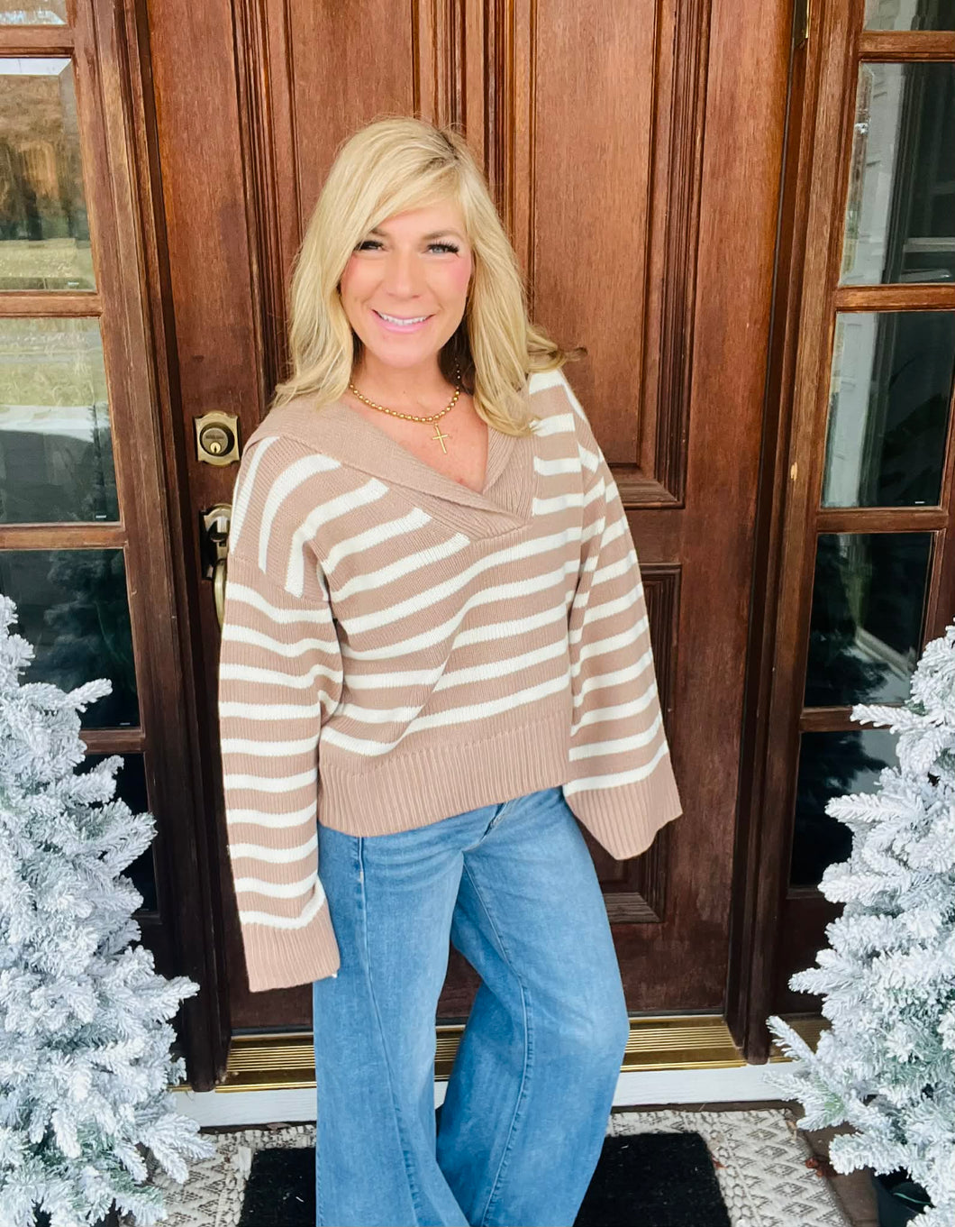 Mocha & Cream Striped Oversized Collar Sweater