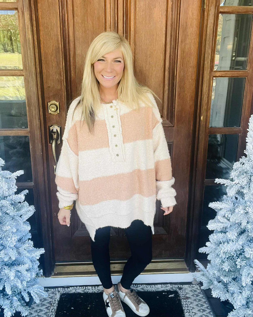 Ginger Spice Oversized Striped Half Button Down Sweater