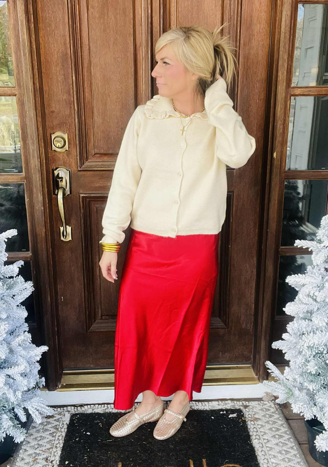 Red Satin Midi Skirt