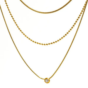 18K Gold Non-Tarnish Trilayer CZ Chain Necklace