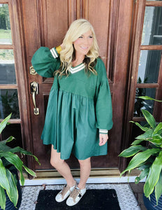 Hunter Green French Terry Babydoll Dress with Stripe details