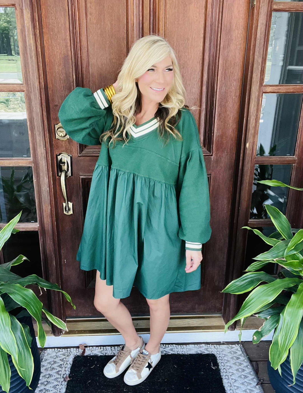 Hunter Green French Terry Babydoll Dress with Stripe details