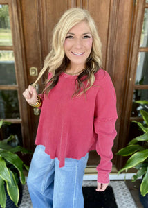 Red Waffleknit Long Sleeve Boxy Top