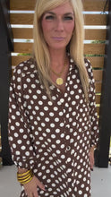 Load and play video in Gallery viewer, Brown &amp; White Polka Dot Collared Button Down Dress
